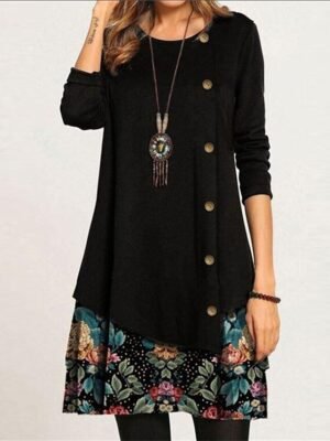 Women’s Floral Print Crew Neck Long Sleeve Mini Dress - Image 3