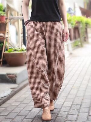 Women’s Full Length Plaid High Waist Wide Leg Trousers - Image 1