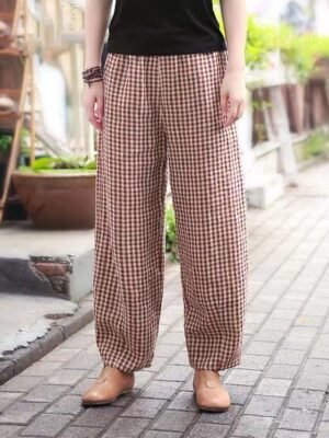 Women’s Full Length Plaid High Waist Wide Leg Trousers - Image 3