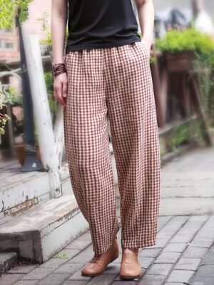 Women’s Full Length Plaid High Waist Wide Leg Trousers - Image 5