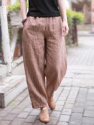 Women’s Full Length Plaid High Waist Wide Leg Trousers - Image 6