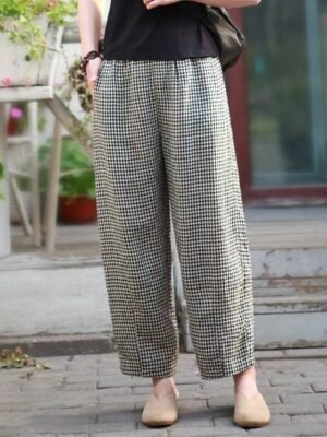Women’s Full Length Plaid High Waist Wide Leg Trousers - Image 7