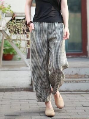 Women’s Full Length Plaid High Waist Wide Leg Trousers - Image 9
