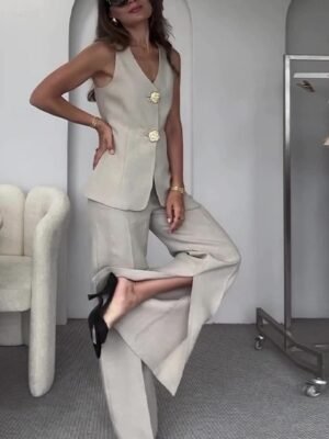 Work Regular Fit Solid V Neck Sleeveless Summer Outerwear - Image 3