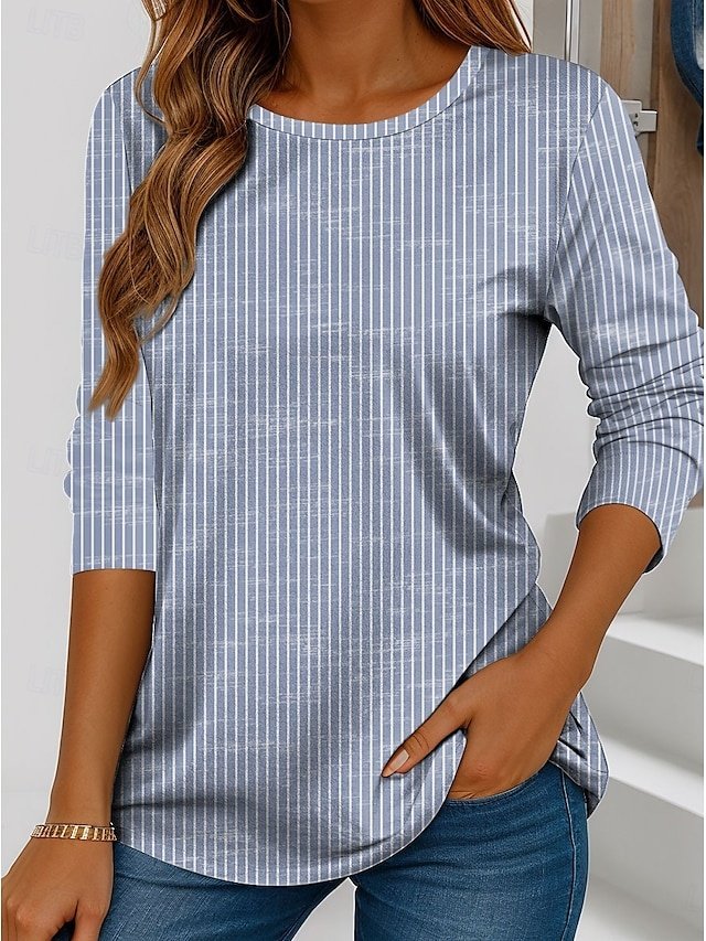 Basic Regular Striped Round Neck Long Sleeve Top - Image 1
