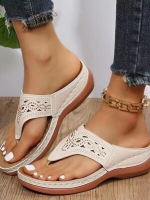 Beige Cut-Out Leather Slip-On Sandals - Image 1