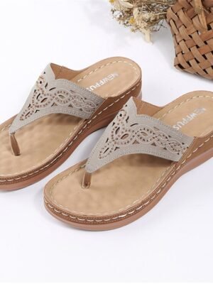 Beige Cut-Out Leather Slip-On Sandals - Image 9