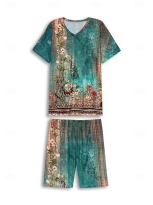 Bohemian Casual Floral Paisley V Neck Short Sleeve Asymmetrical Tunic - Image 10