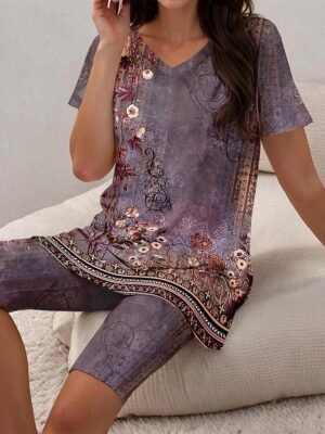 Bohemian Casual Floral Paisley V Neck Short Sleeve Asymmetrical Tunic - Image 12