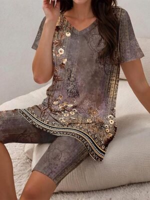 Bohemian Casual Floral Paisley V Neck Short Sleeve Asymmetrical Tunic - Image 15
