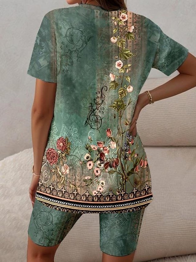 Bohemian Casual Floral Paisley V Neck Short Sleeve Asymmetrical Tunic - Image 2