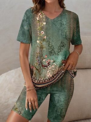 Bohemian Casual Floral Paisley V Neck Short Sleeve Asymmetrical Tunic - Image 3