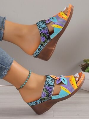 Bohemian Floral Open-Toe Hand-Painted Wedge Sandals - Image 2