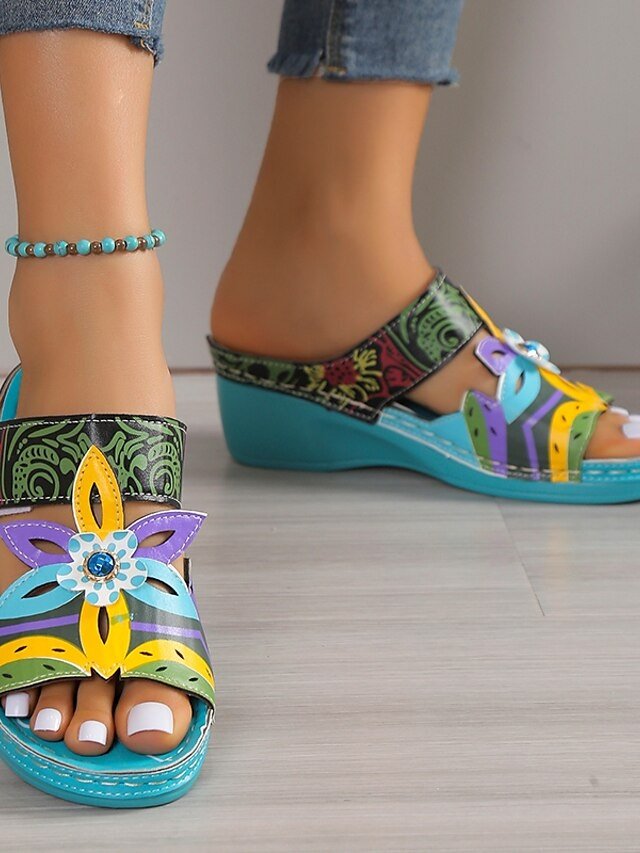 Bohemian Floral Open-Toe Hand-Painted Wedge Sandals - Image 3