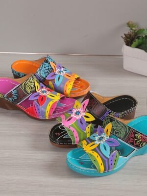 Bohemian Floral Open-Toe Hand-Painted Wedge Sandals - Image 5