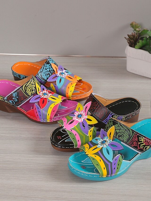 Bohemian Floral Open-Toe Hand-Painted Wedge Sandals - Image 5