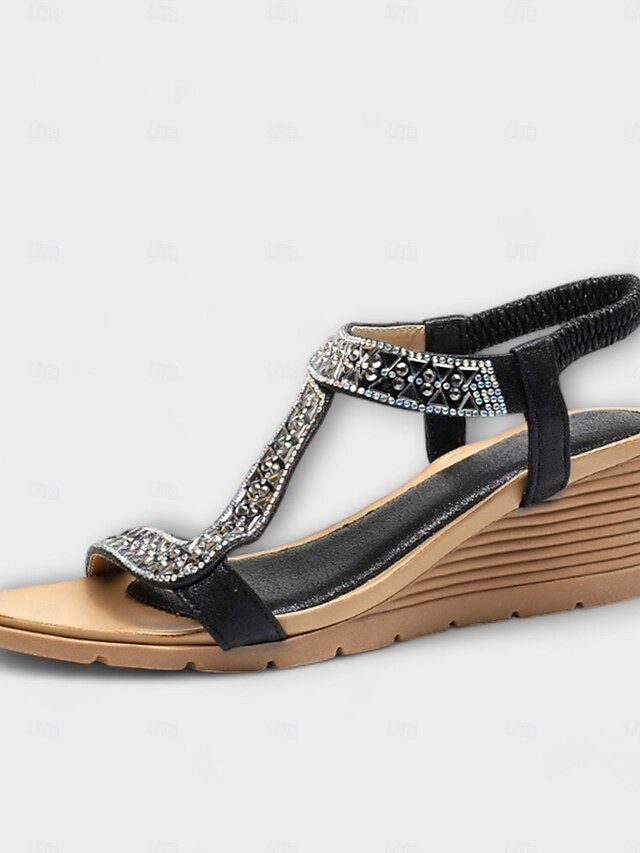 Bohemian Rhinestone Wedge Elastic Strap Sandals - Image 2