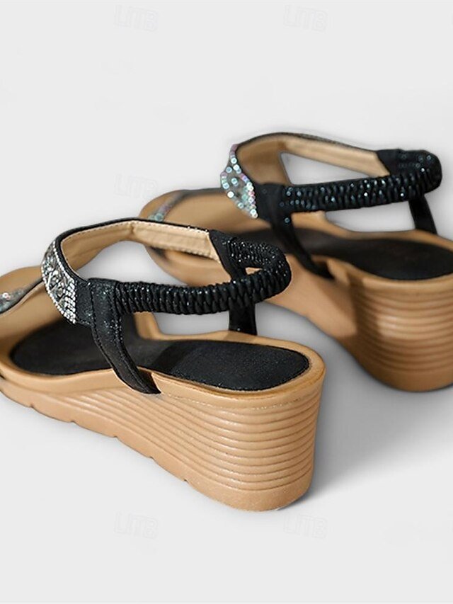 Bohemian Rhinestone Wedge Elastic Strap Sandals - Image 5