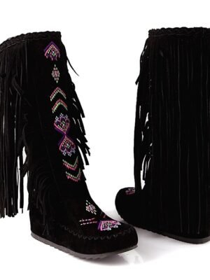 Bohemian Round Toe Embroidered Faux Suede Knee-High Fringe Boots - Image 14