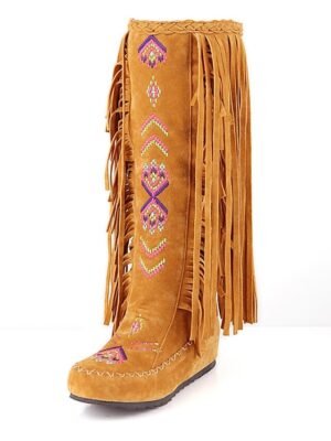 Bohemian Round Toe Embroidered Faux Suede Knee-High Fringe Boots - Image 2