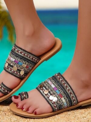 Boho Beaded Colourful Strap Toe Ring Open-Toe Sandals - Image 1