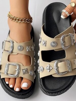 Boho Black Strappy Slide Sandals with Silver Buckle - Image 16