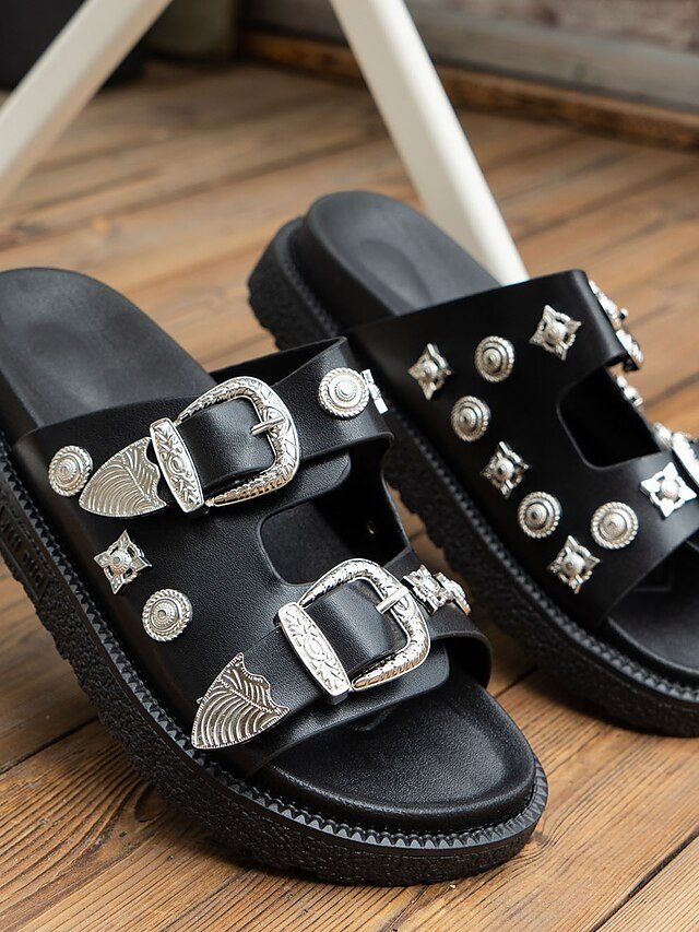 Boho Black Strappy Slide Sandals with Silver Buckle - Image 7