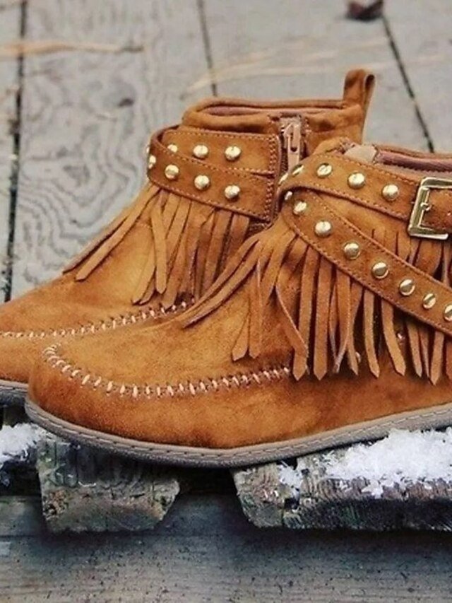 Boho Casual Brown Faux Suede Fringe Ankle Boots - Image 1