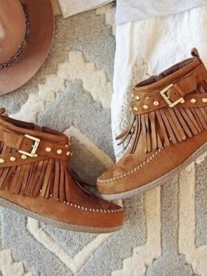 Boho Casual Brown Faux Suede Fringe Ankle Boots - Image 2