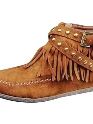 Boho Casual Brown Faux Suede Fringe Ankle Boots - Image 3