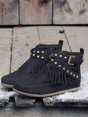 Boho Casual Brown Faux Suede Fringe Ankle Boots - Image 4