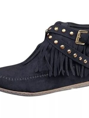Boho Casual Brown Faux Suede Fringe Ankle Boots - Image 5