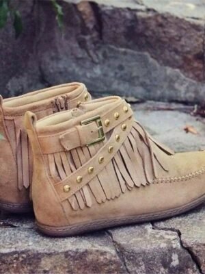 Boho Casual Brown Faux Suede Fringe Ankle Boots - Image 6