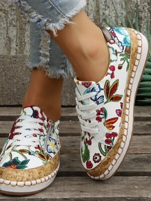 Boho Casual Floral Canvas Lace-Up Sneakers - Image 1