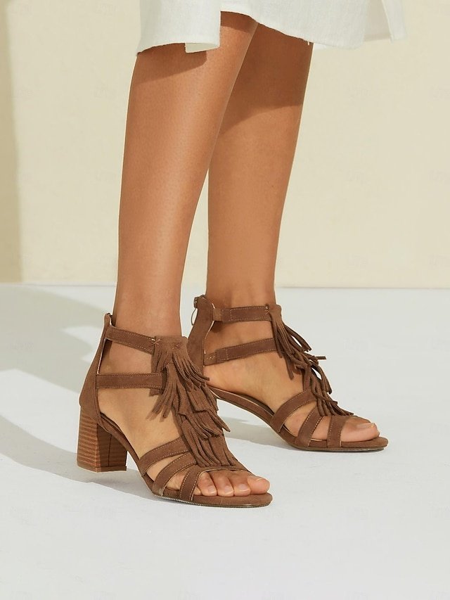 Boho Chic Block Heel Tassel Ankle Strap Sandals - Image 2