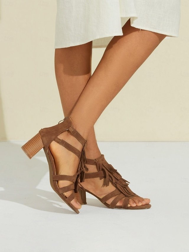 Boho Chic Block Heel Tassel Ankle Strap Sandals - Image 3