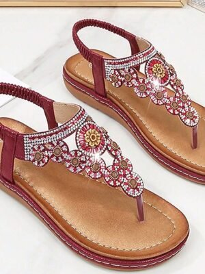 Boho Flat Floral Rhinestone T-Strap Sandals - Image 16