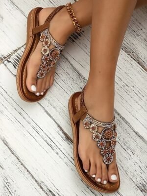 Boho Flat Floral Rhinestone T-Strap Sandals - Image 6