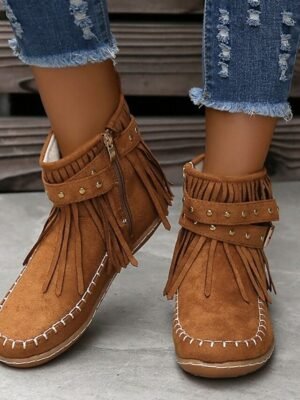 Boho Flat Suede Fringe Round Toe Ankle Boots - Image 11