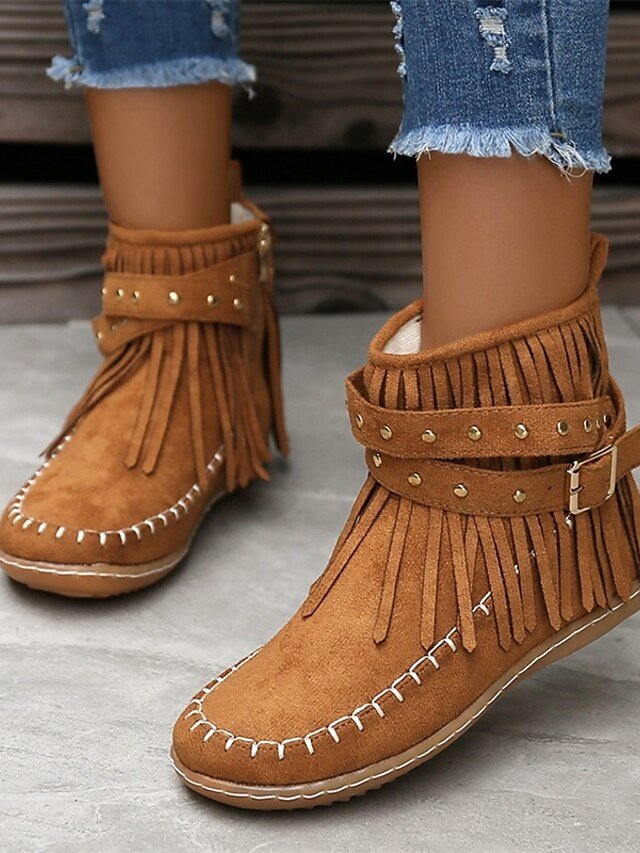 Boho Flat Suede Fringe Round Toe Ankle Boots - Image 12