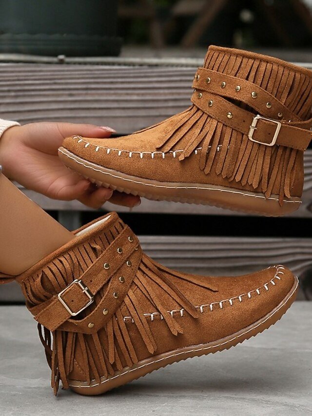 Boho Flat Suede Fringe Round Toe Ankle Boots - Image 13