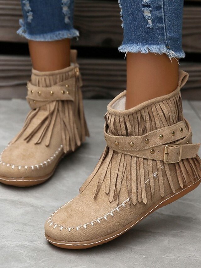 Boho Flat Suede Fringe Round Toe Ankle Boots - Image 2