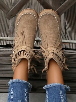 Boho Flat Suede Fringe Round Toe Ankle Boots - Image 4