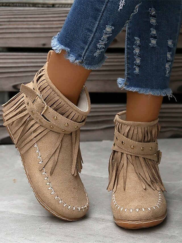 Boho Flat Suede Fringe Round Toe Ankle Boots - Image 6