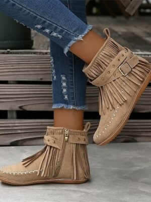 Boho Flat Suede Fringe Round Toe Ankle Boots - Image 7