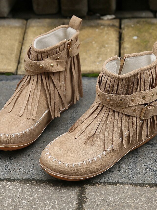 Boho Flat Suede Fringe Round Toe Ankle Boots - Image 8