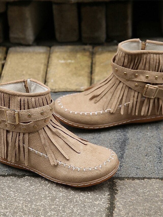 Boho Flat Suede Fringe Round Toe Ankle Boots - Image 9