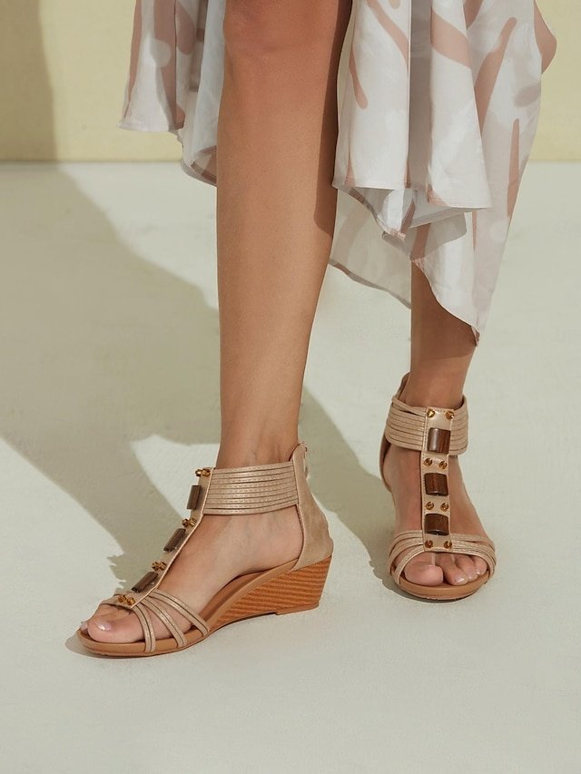 Boho Open-Toe Beaded Wedge Sandals - Image 1