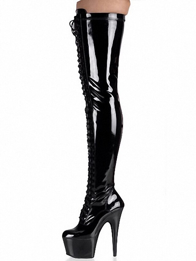 Bold Black Patent Leather Thigh-High Lace-Up Platform Boots - Image 4