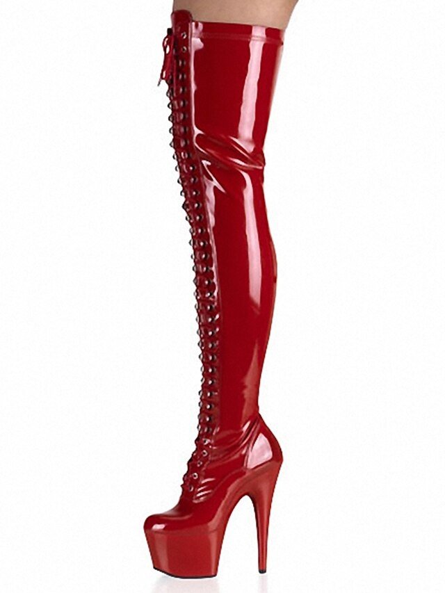 Bold Black Patent Leather Thigh-High Lace-Up Platform Boots - Image 6